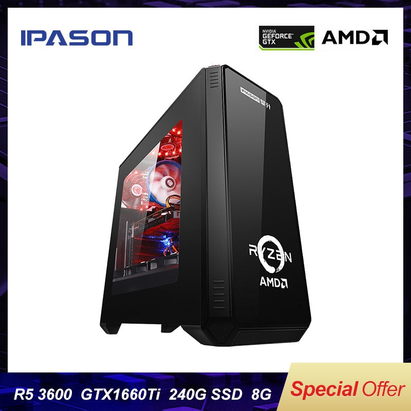IPASON Desktop PC AMD R5 3600 3th Gen GTX1660TI-6G 240G SSD DDR4 8G FOR game PUBG desktop gaming computers PC assembly machine